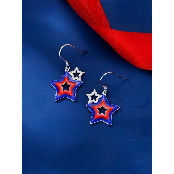 925 Sterling American Flag Independence Day Dangle Earring for Women - Picture 2 of 6
